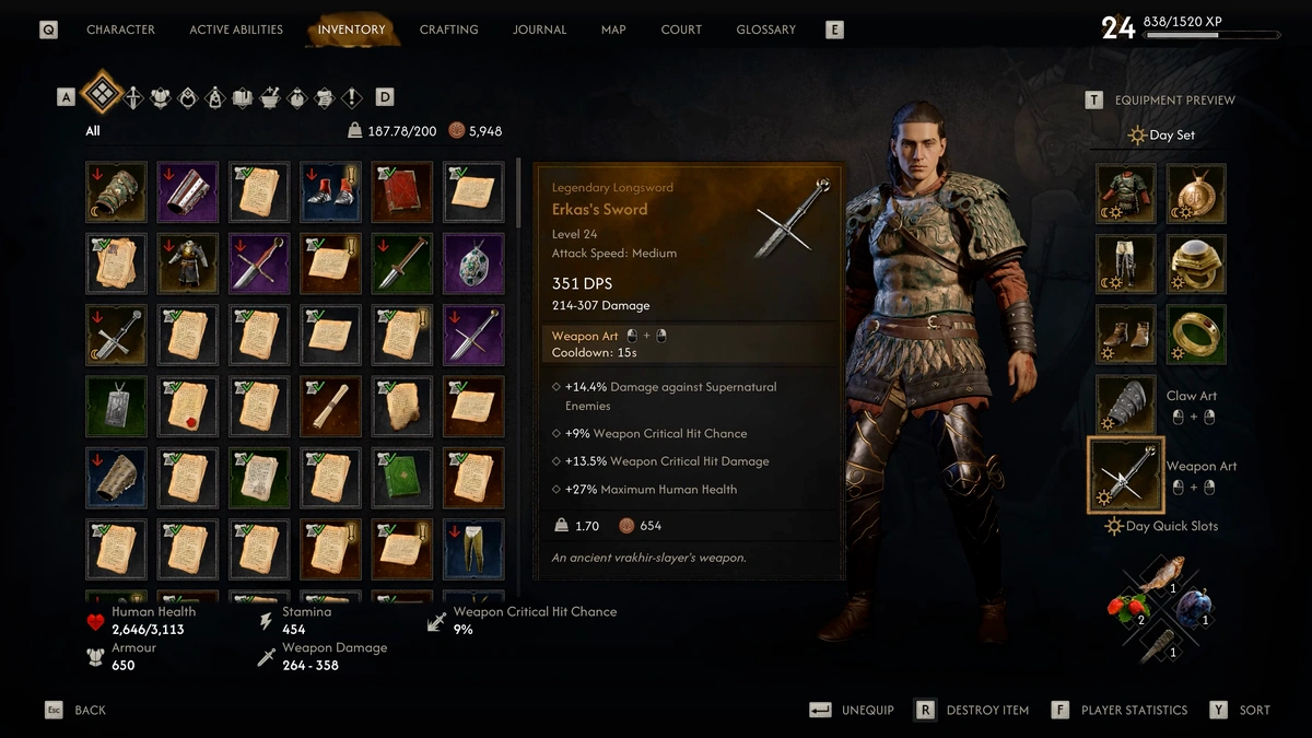 The Blood of Dawnwalker Erka's Sword stats and bonuses