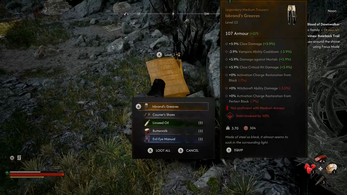 The Blood of Dawnwalker hidden treasure chest containing Isbrand's Greaves
