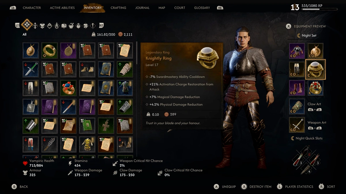 The Blood of Dawnwalker Knightly Ring magical and physical damage reduction